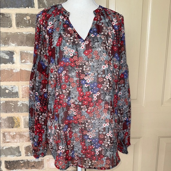 Casual Boho Sheer Floral Print V Neck Long Sleeve Tunic Lined Red and Blue - Picture 2 of 12